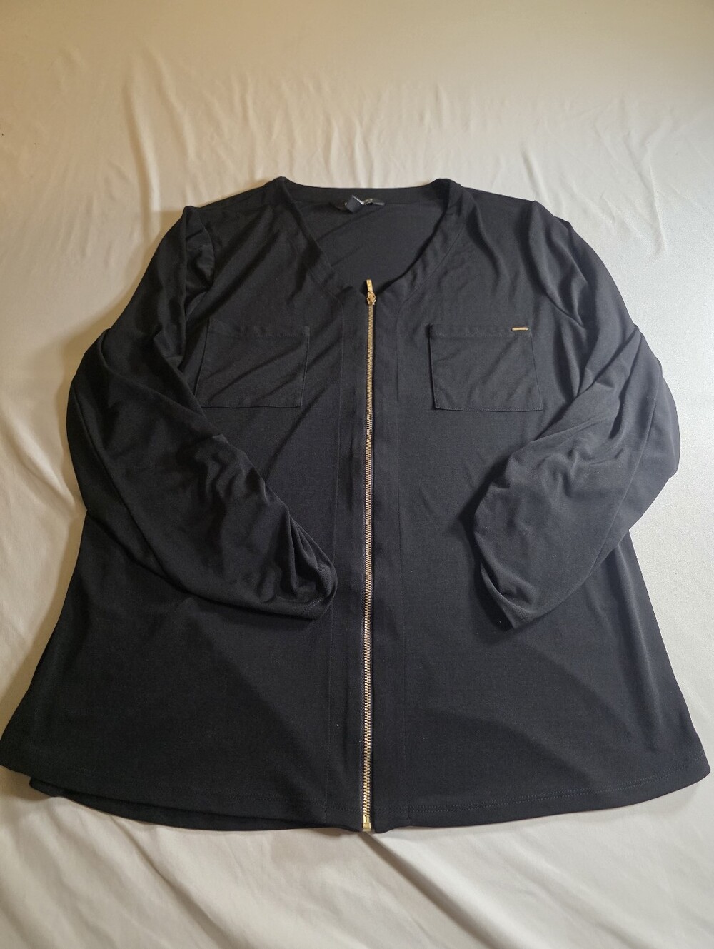 Ellen Tracy Black Zip-Front Long Sleeve Shirt with Gold Zipper